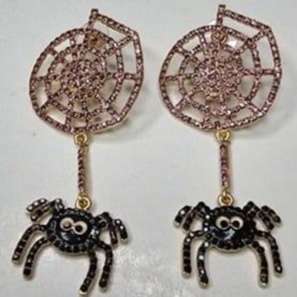 Itzy Bitzy Kitsch Rhinestone Spiderweb Dangle Earrings 2.75"L x 1.25"W - Picture 1 of 3